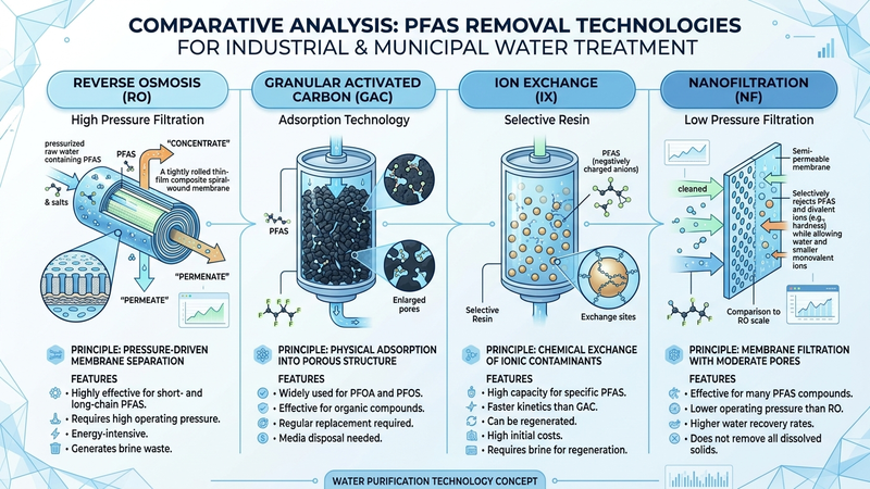 PFAS निष्कासन तकनीकों की विस्तृत तुलना: RO, सक्रिय कार्बन, आयन एक्सचेंज और नैनोफिल्ट्रेशन — भारतीय वितरकों के लिए OEM चयन गाइड