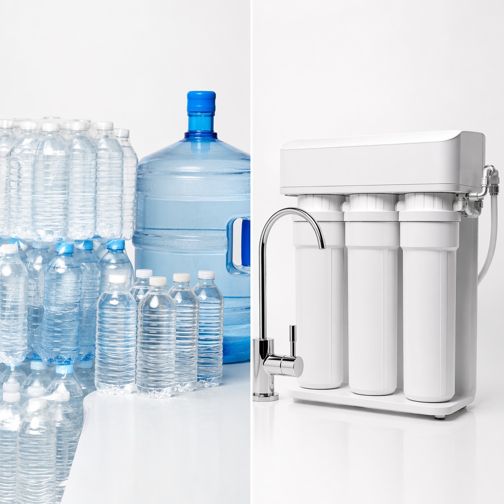 Side by side comparison: stacks of plastic water bottles versus a modern under-sink RO filtration system