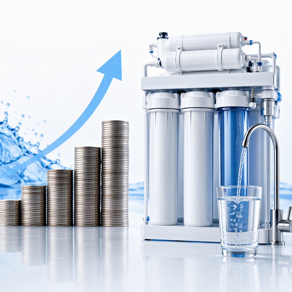 Business cost savings visualization with coins and water filter system