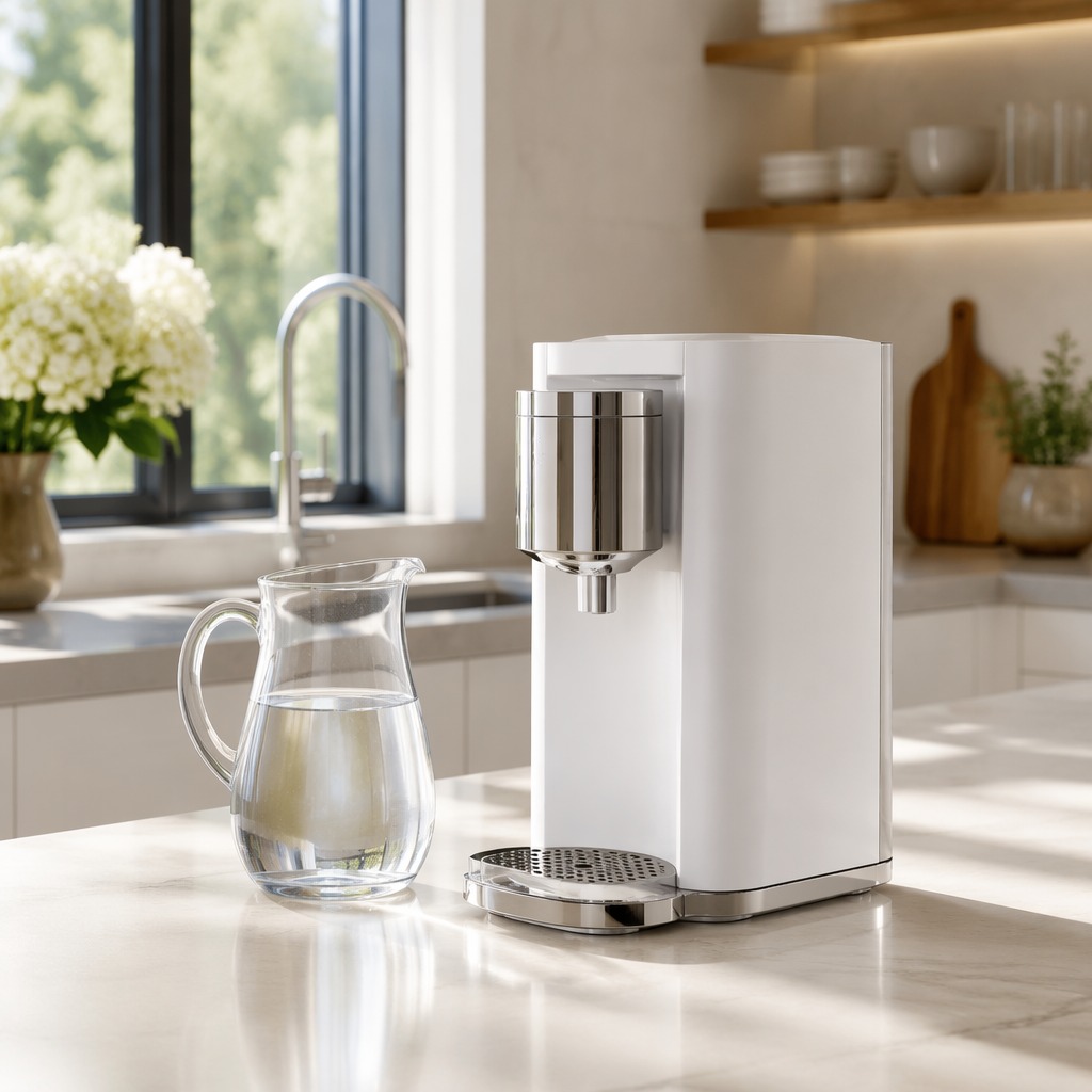 Modern kitchen with sleek countertop RO water filtration system and clear water pitcher