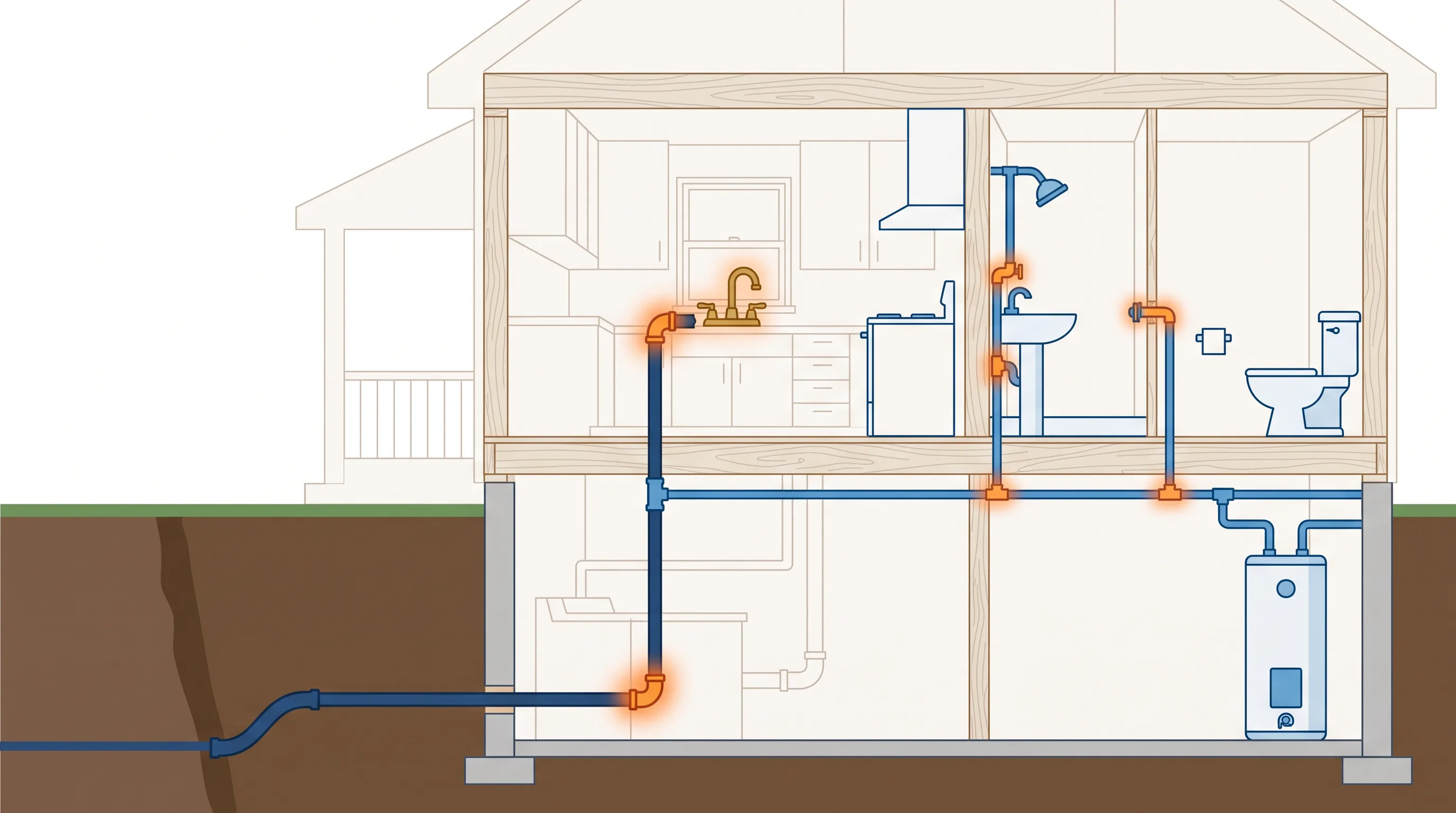 Home plumbing cross-section: service line, lead solder joints, brass faucet