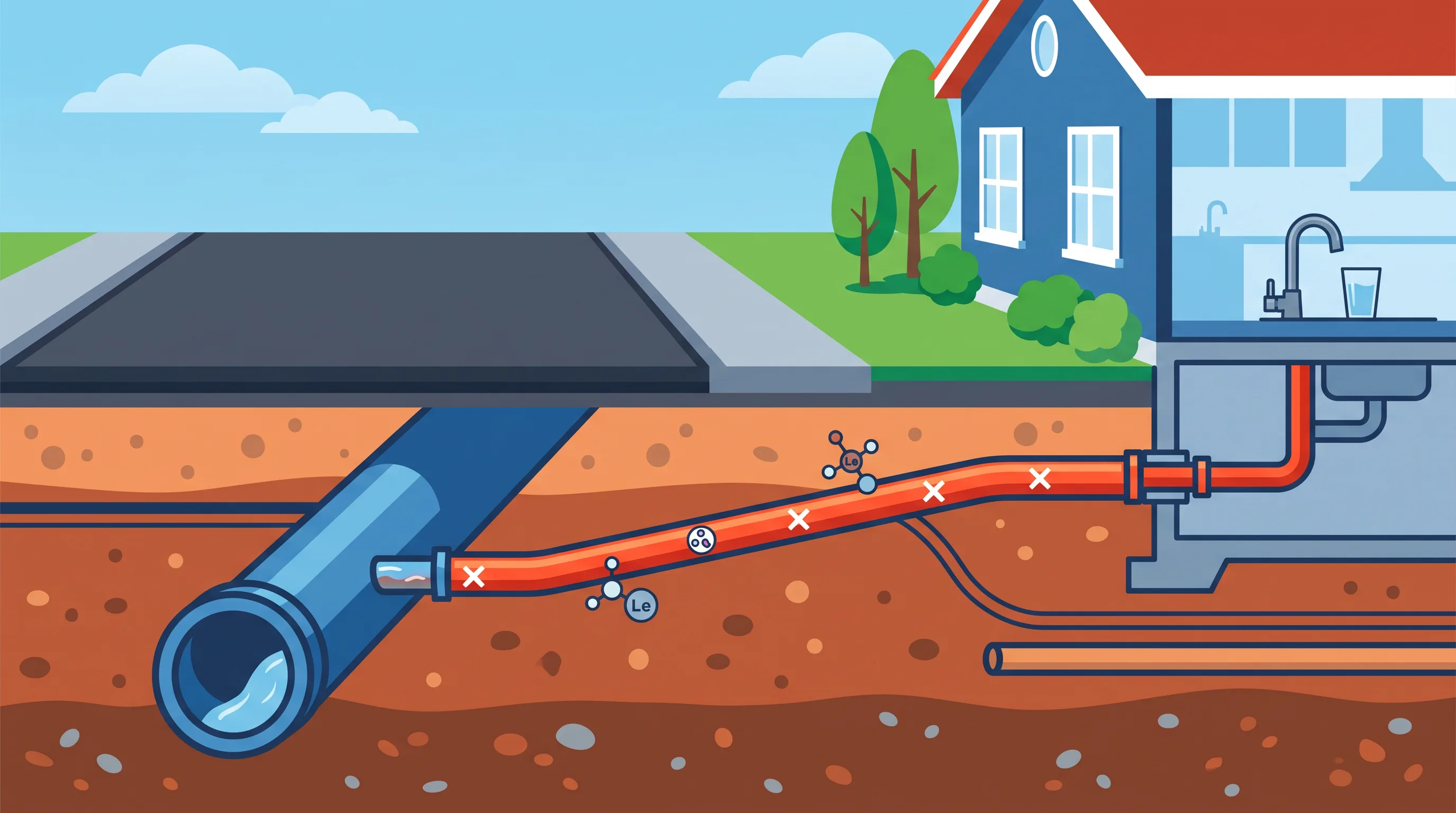 Lead service line diagram from street main to home plumbing
