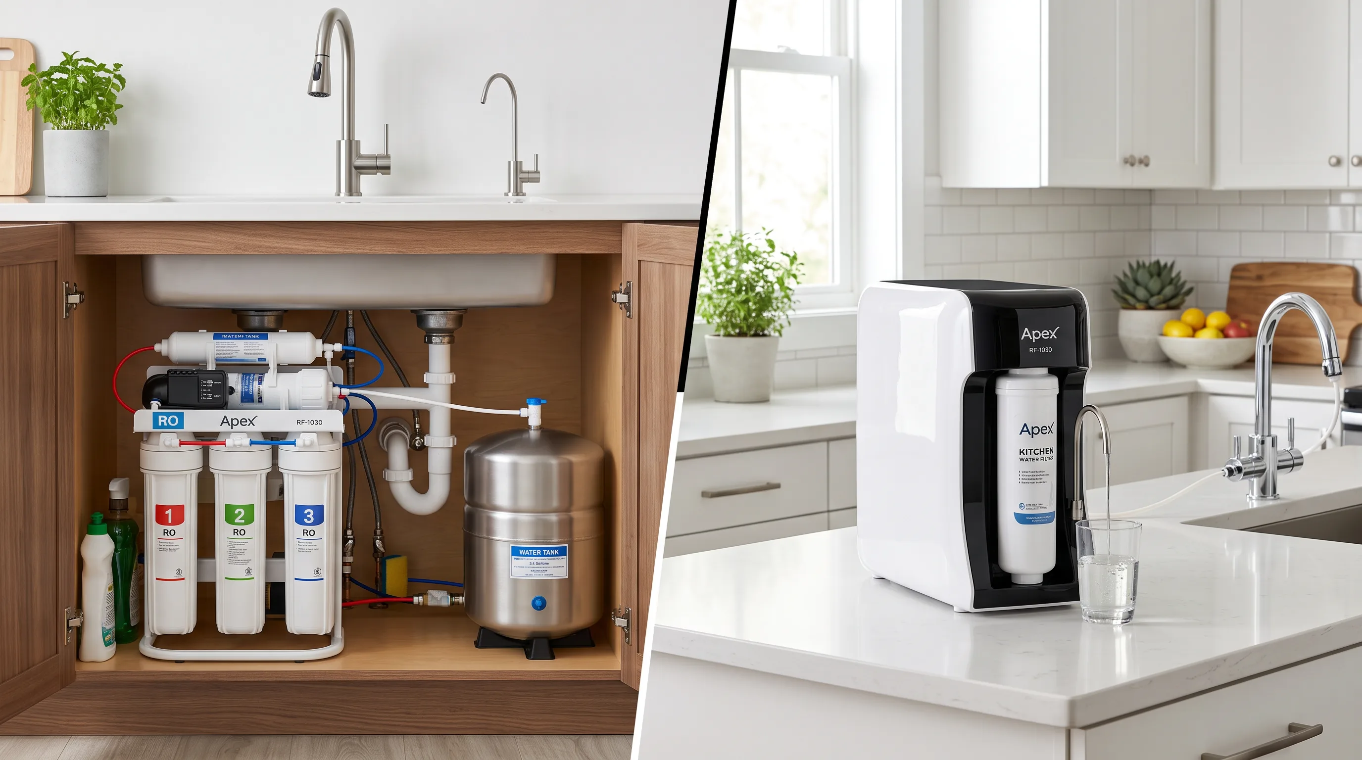 Under-sink RO vs countertop filter comparison in kitchen