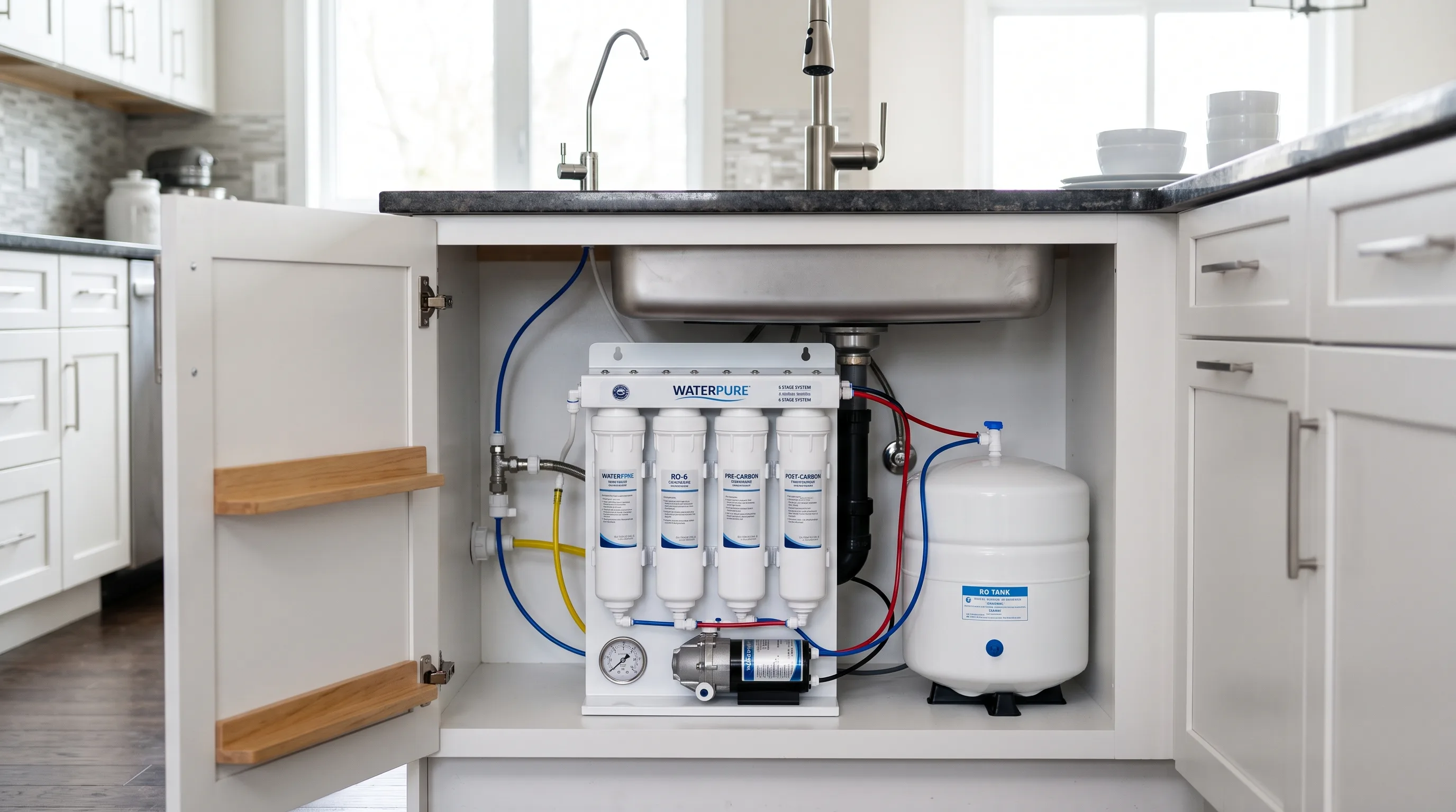 Under-sink RO system installed in kitchen cabinet