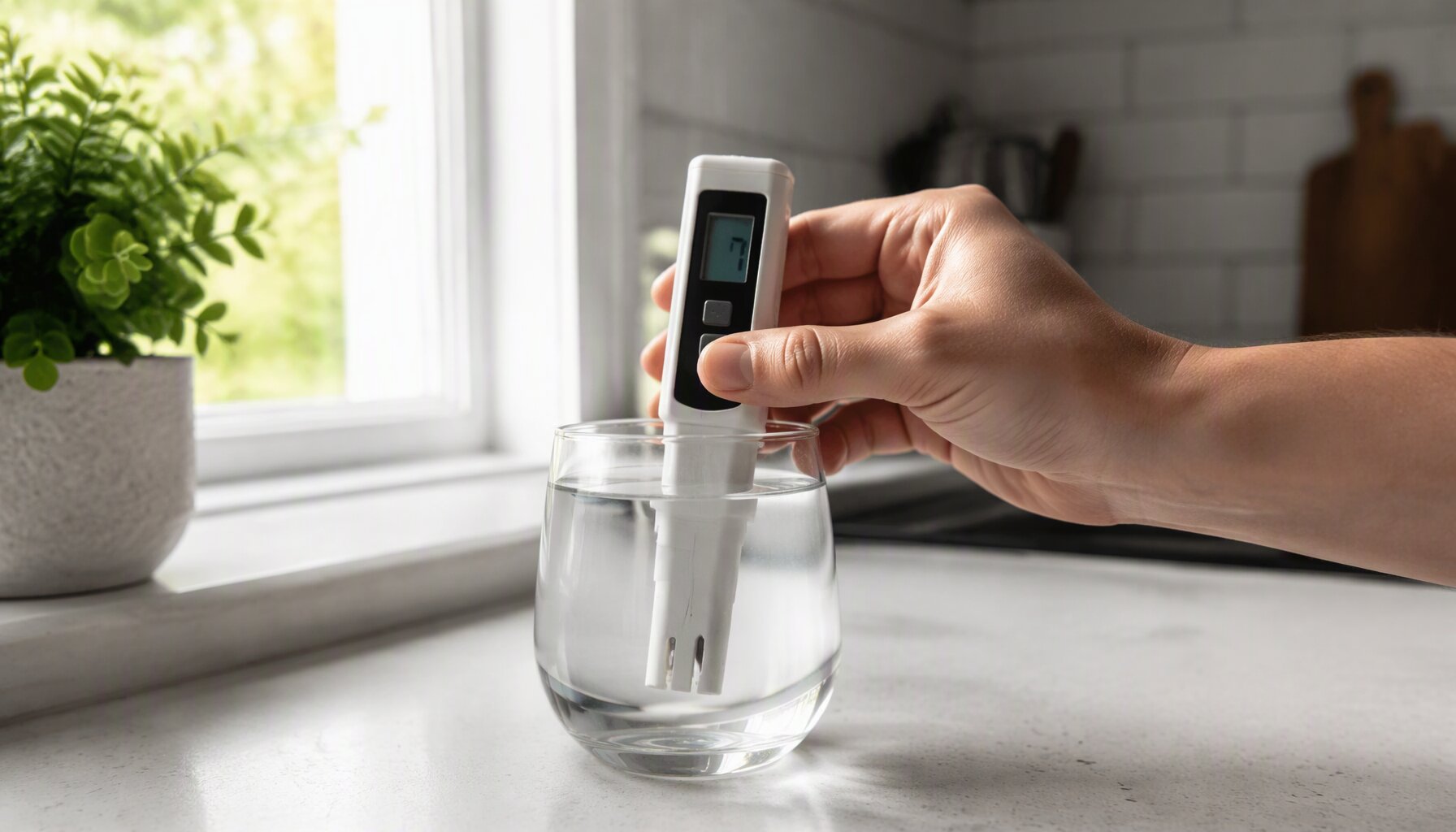 TDS meter measuring drinking water quality