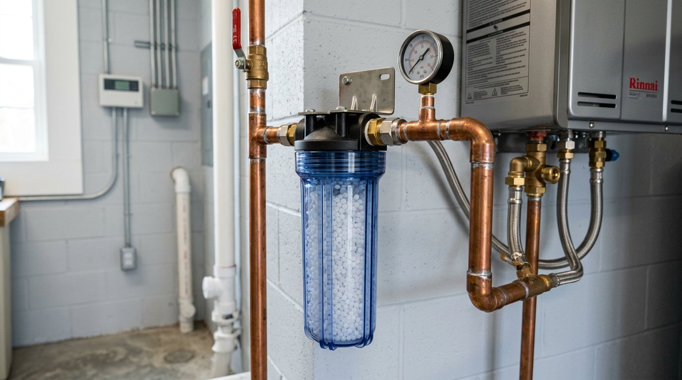 salt-free anti-scale filter cartridge installed on a copper pipe feeding a tankless water heater