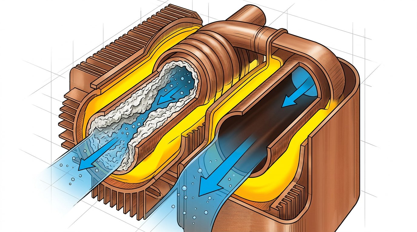 cross-section of a tankless water heater heat exchanger showing limescale buildup versus a clean protected surface