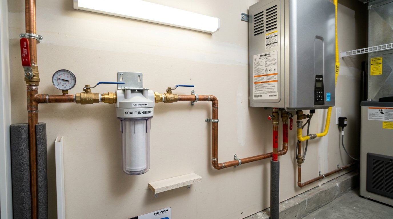 compact inline scale inhibitor filter housing on a cold water line to a tankless water heater