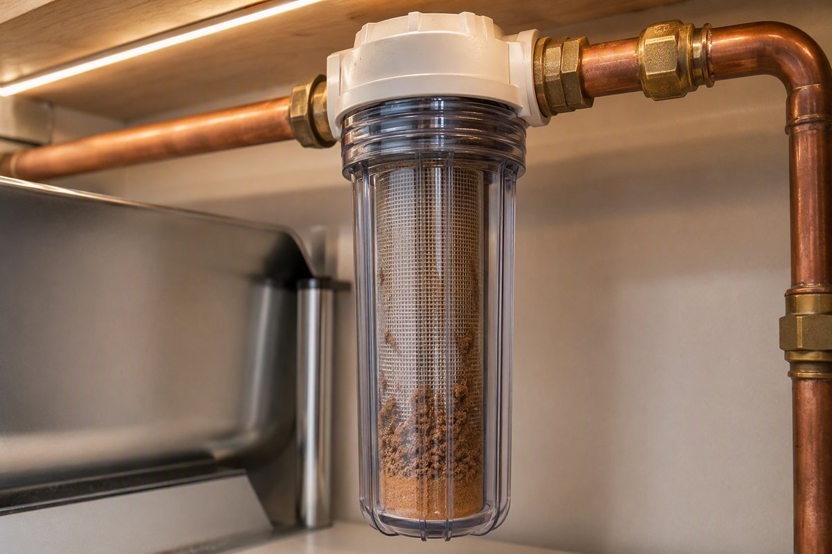 A close-up commercial photograph of a transparent sediment pre-filter housing installed on copper pipework under a kitch