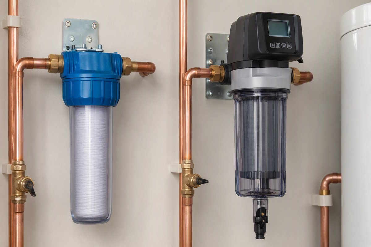 A side-by-side comparison photograph showing a manual screw-on filter housing (left) and an automatic backwashing pre-fi