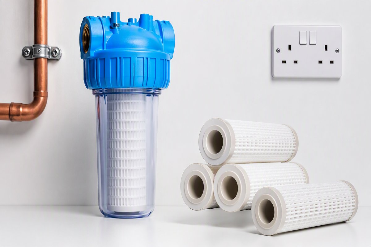 An infographic-style photographic composition showing a sediment filter housing next to a stack of replacement cartridge