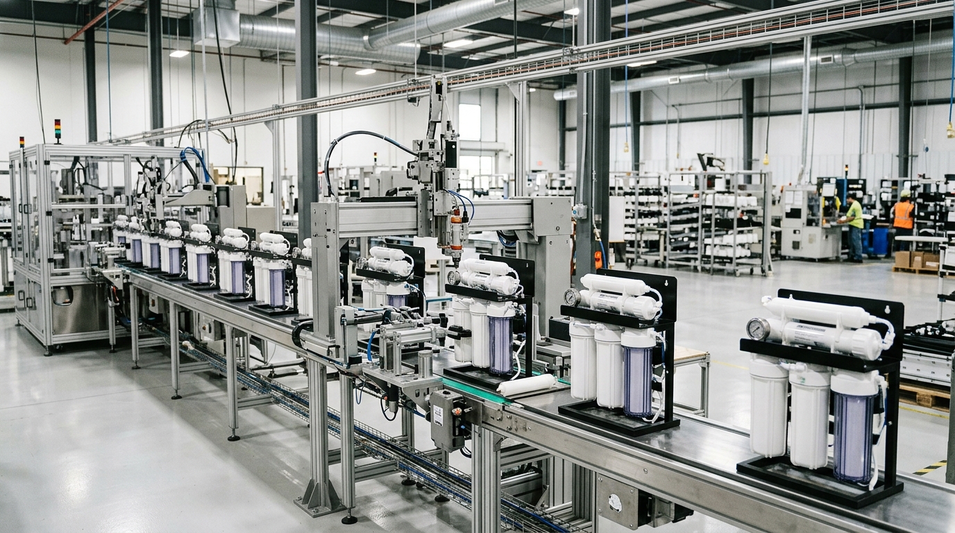 automated reverse osmosis water filter assembly line in manufacturing facility