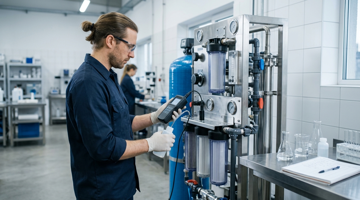 quality control technician testing water purification system parameters in laboratory