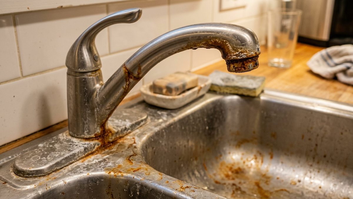 rusty brown iron stains on water tap and sink
