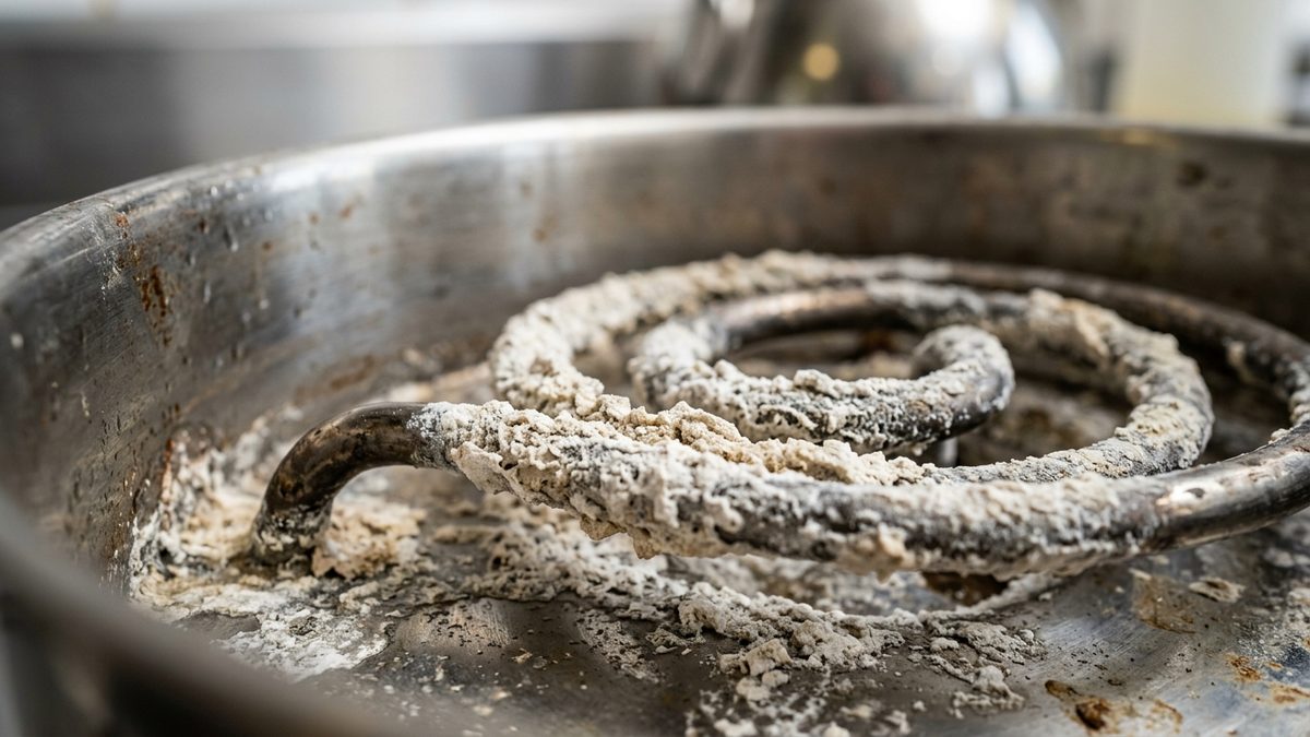 limescale mineral buildup on kettle heating element from hard water