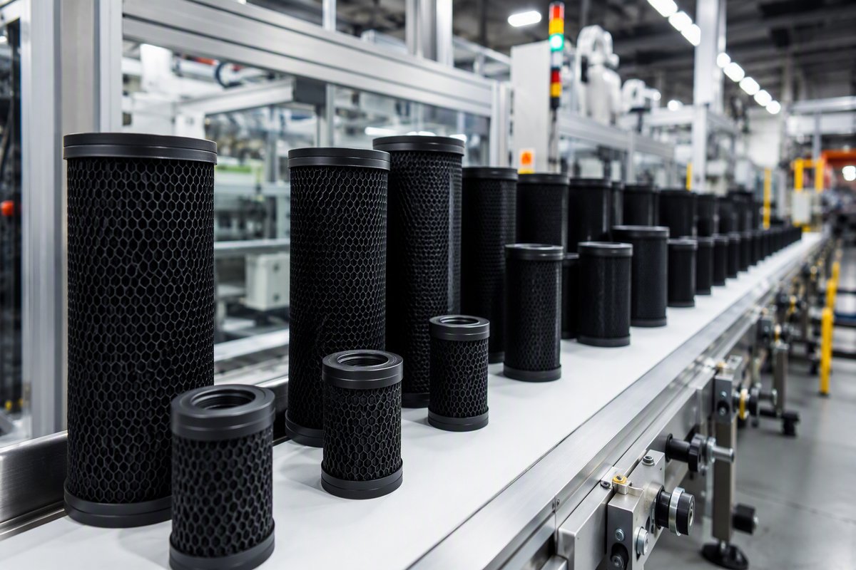 Catalytic carbon filter blocks on factory production line