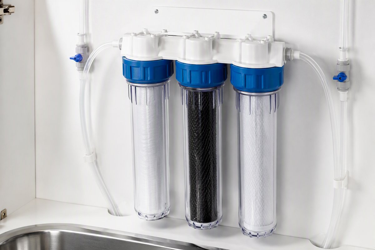 Multi-stage under-sink water filtration system with connected housings