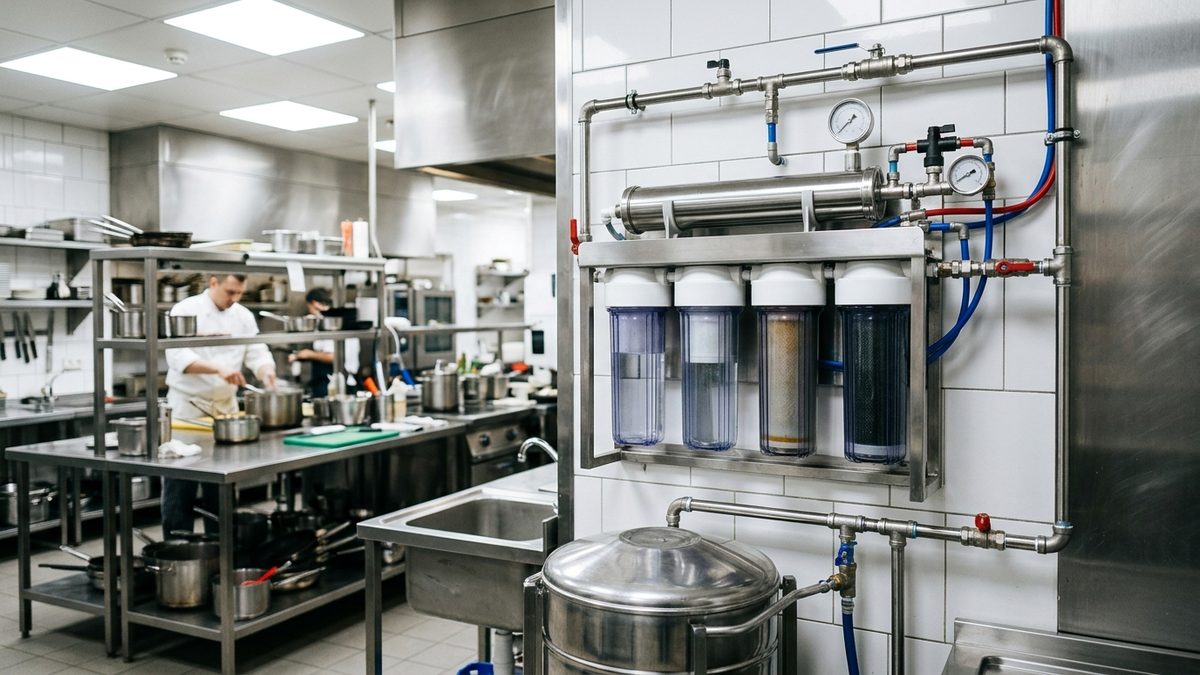 commercial reverse osmosis water purification system in a restaurant kitchen