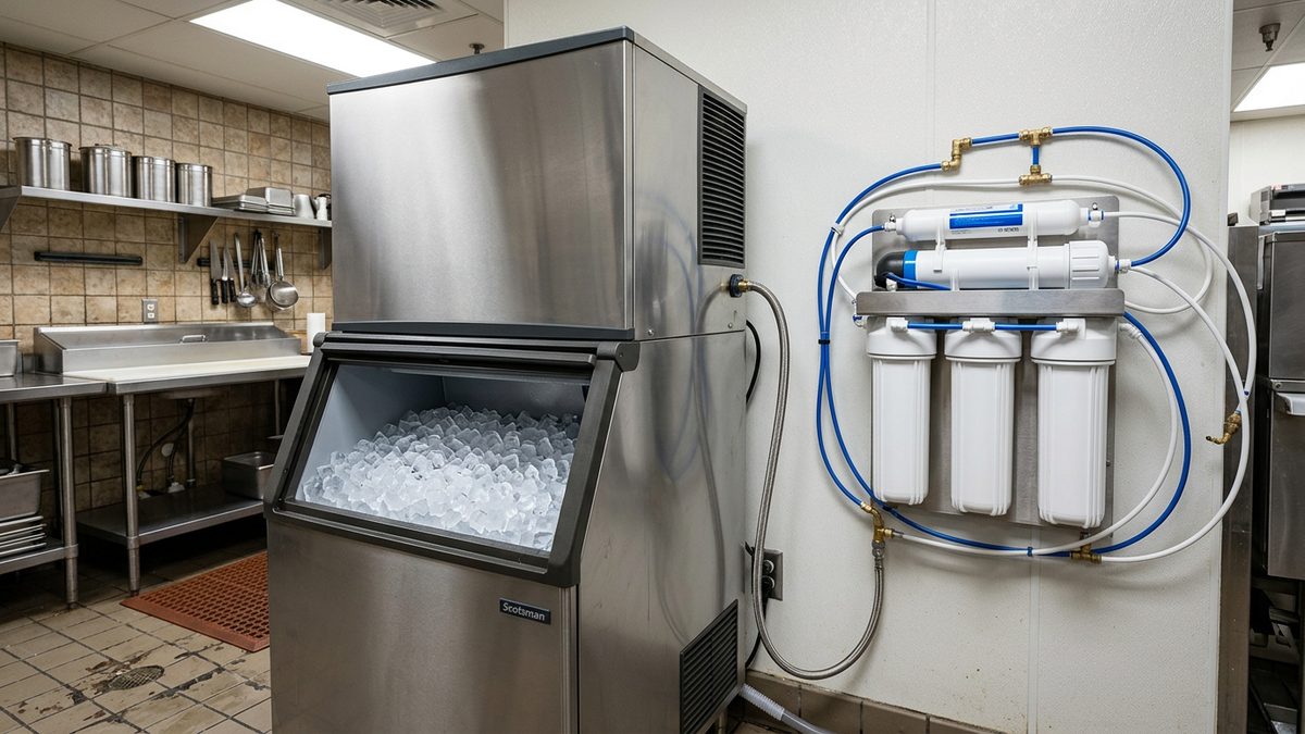 commercial ice machine with water filtration system feeding the ice maker