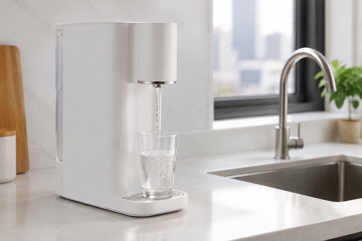 countertop water purifier on apartment kitchen counter