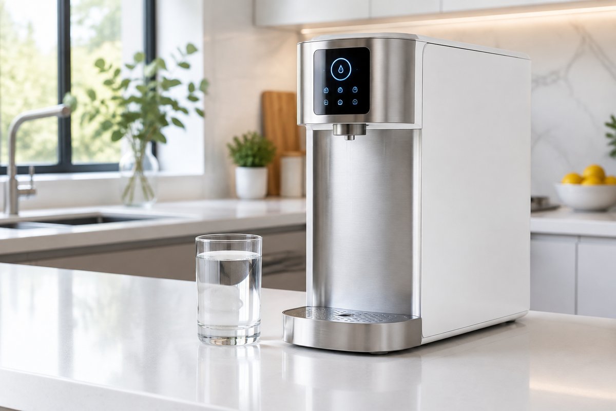 countertop reverse osmosis water purifier on modern kitchen counter