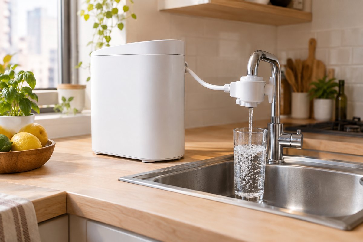 compact countertop water purifier in small apartment kitchen