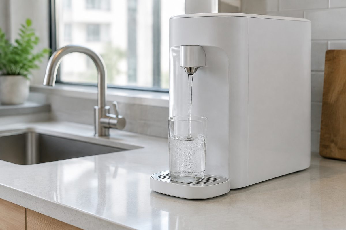 countertop water purifier on apartment kitchen counter