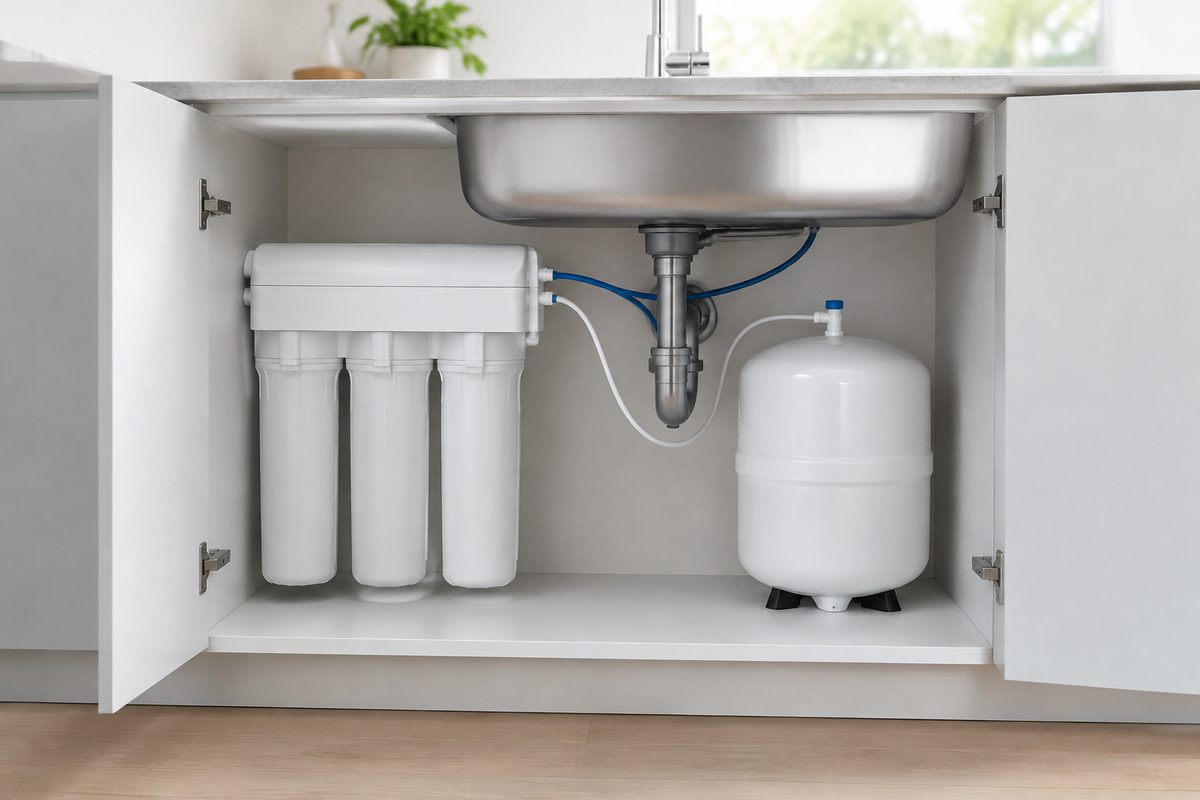 under sink reverse osmosis water filter installed in modern kitchen