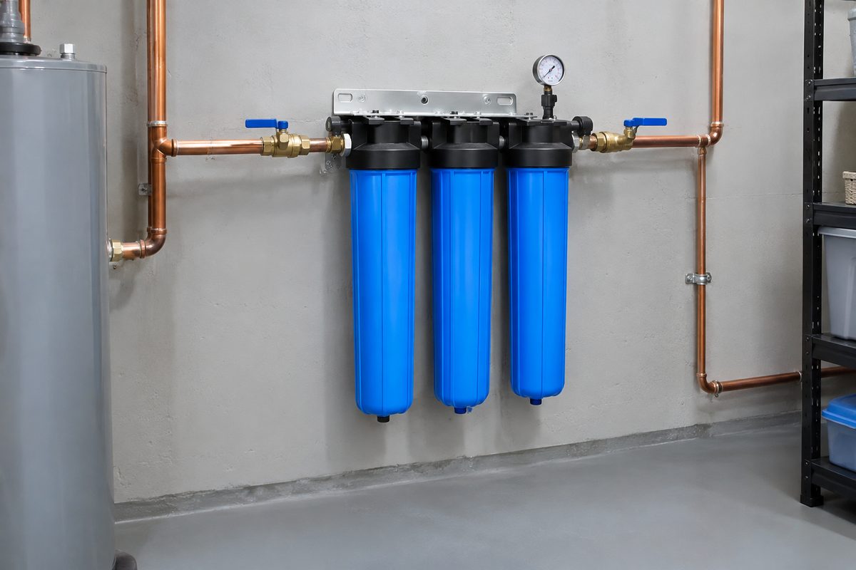whole house water filtration system installation in utility room