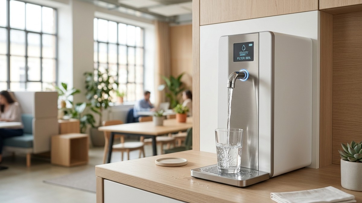 Smart inline water dispenser installed in a modern European office