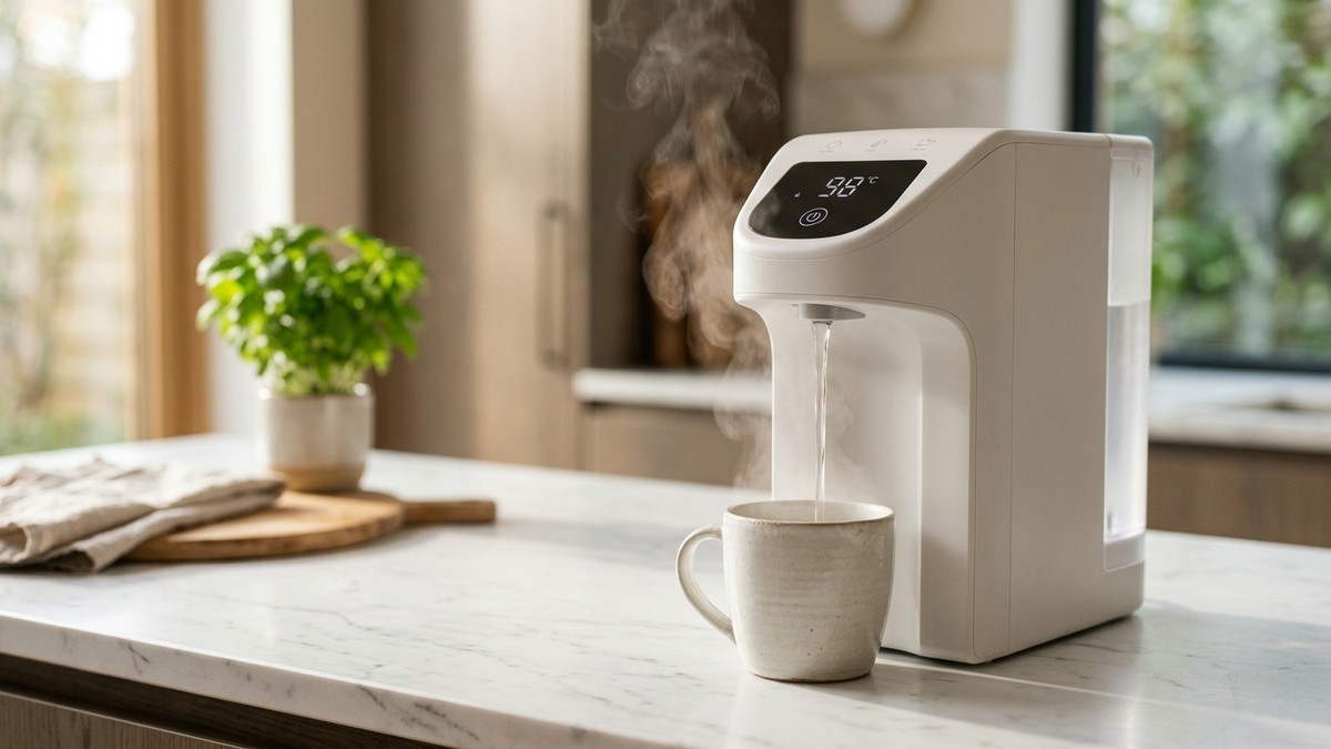 Countertop instant hot water dispenser on a kitchen counter