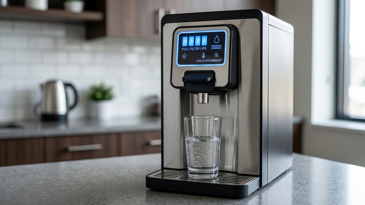 Plumbed water dispenser with filter status display panel