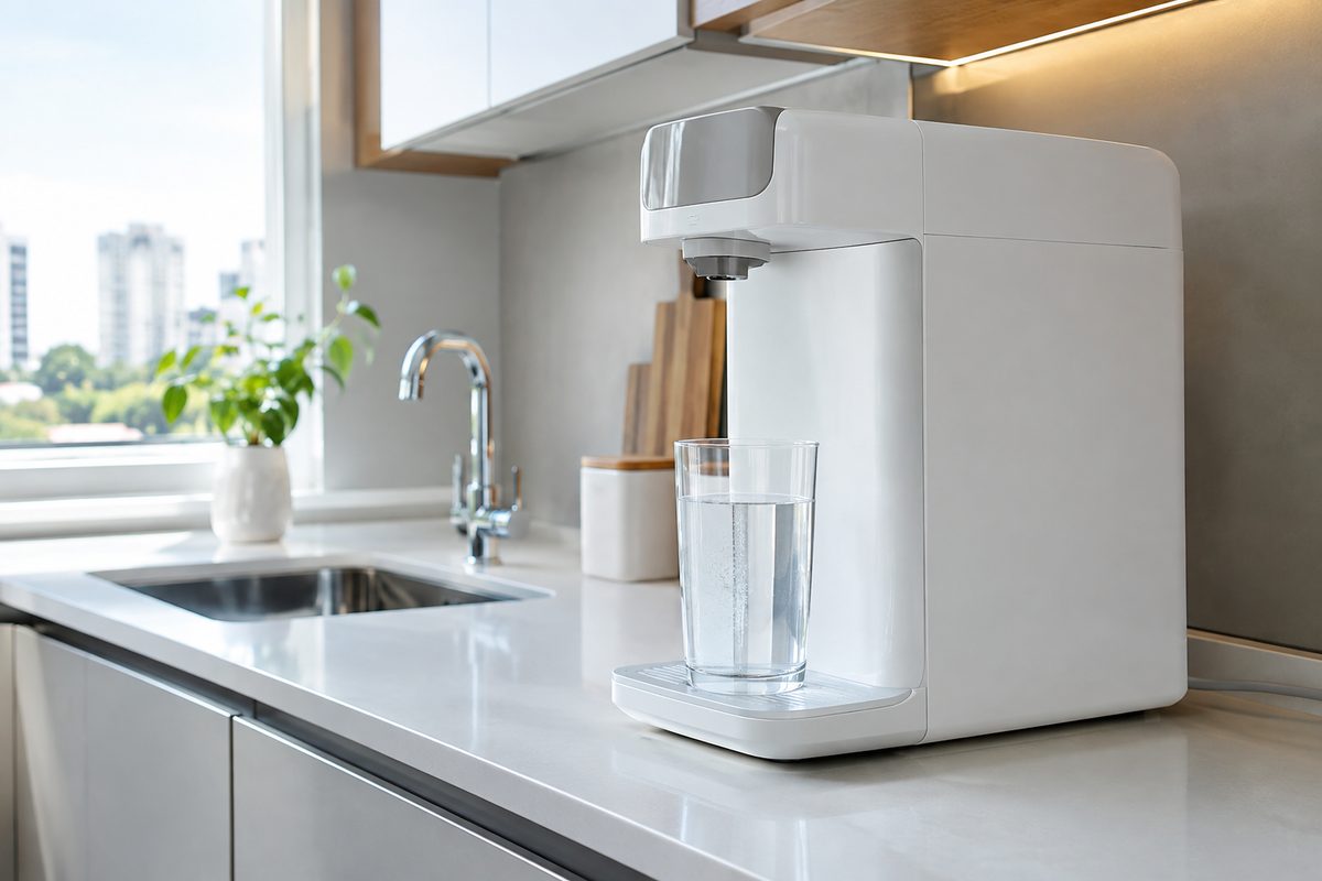 purificador de água de bancada em cozinha moderna