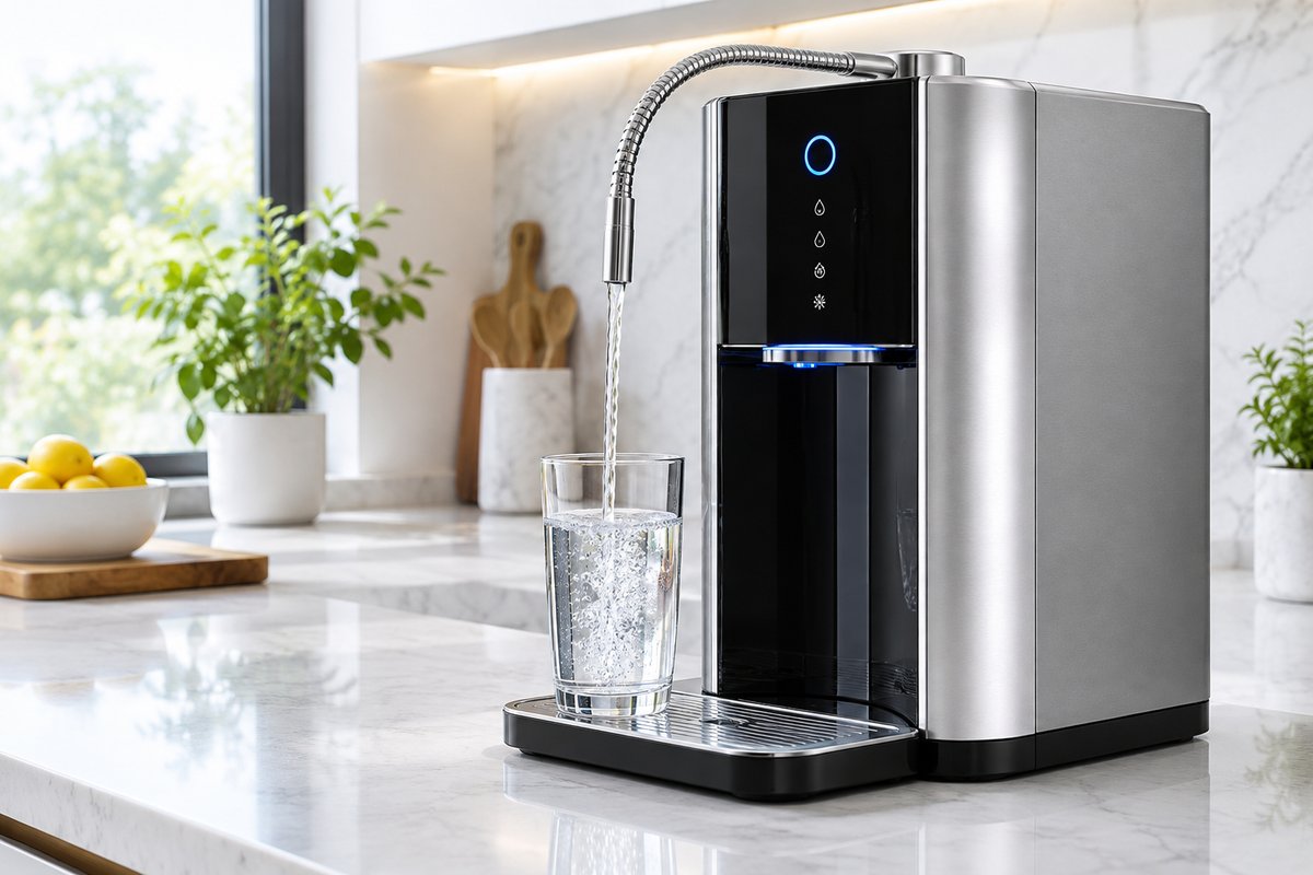 countertop alkaline hydrogen water ionizer machine in kitchen