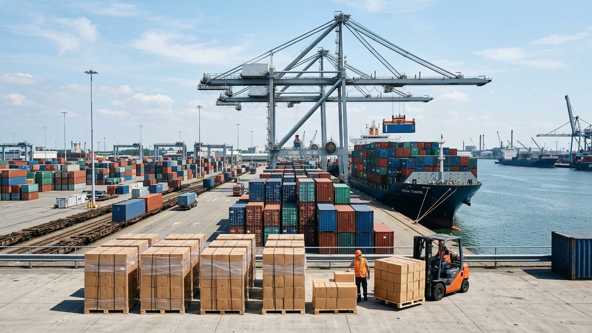 Shipping containers loaded with water filter cartons at China seaport