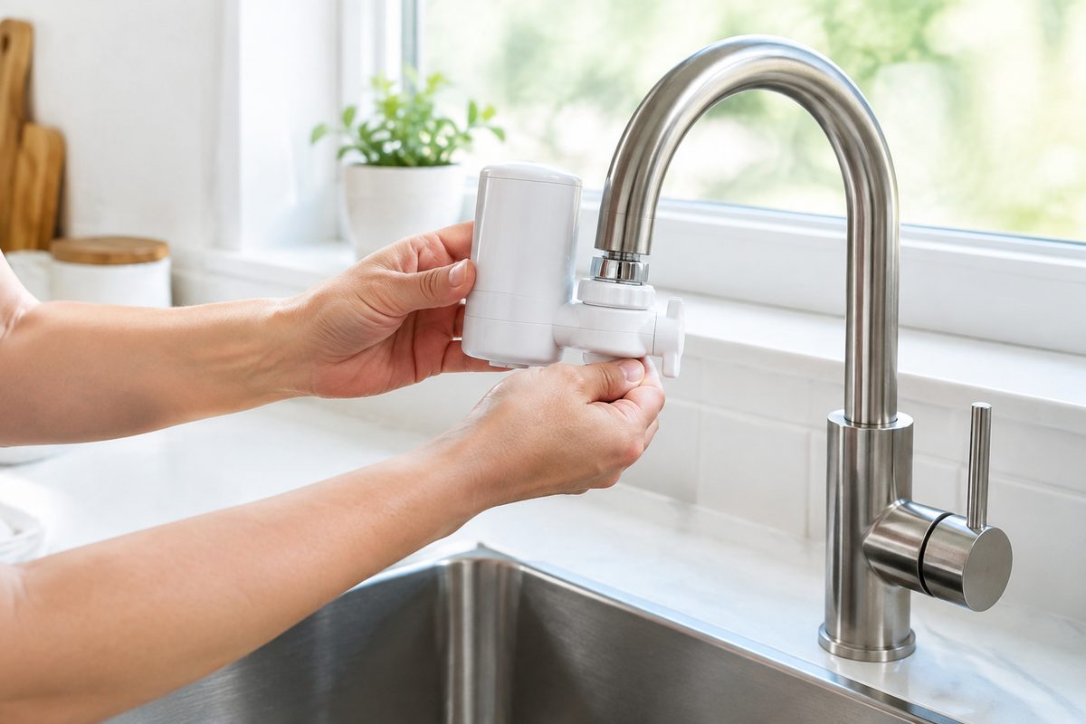 installing a faucet water filter on a kitchen sink