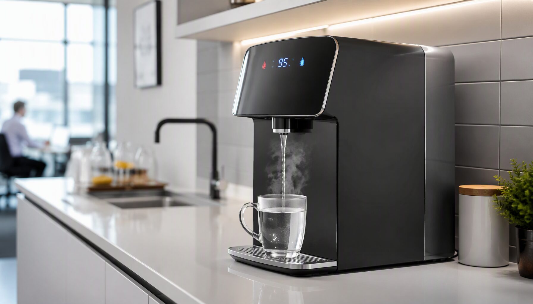 instant hot and cold water dispenser on office countertop