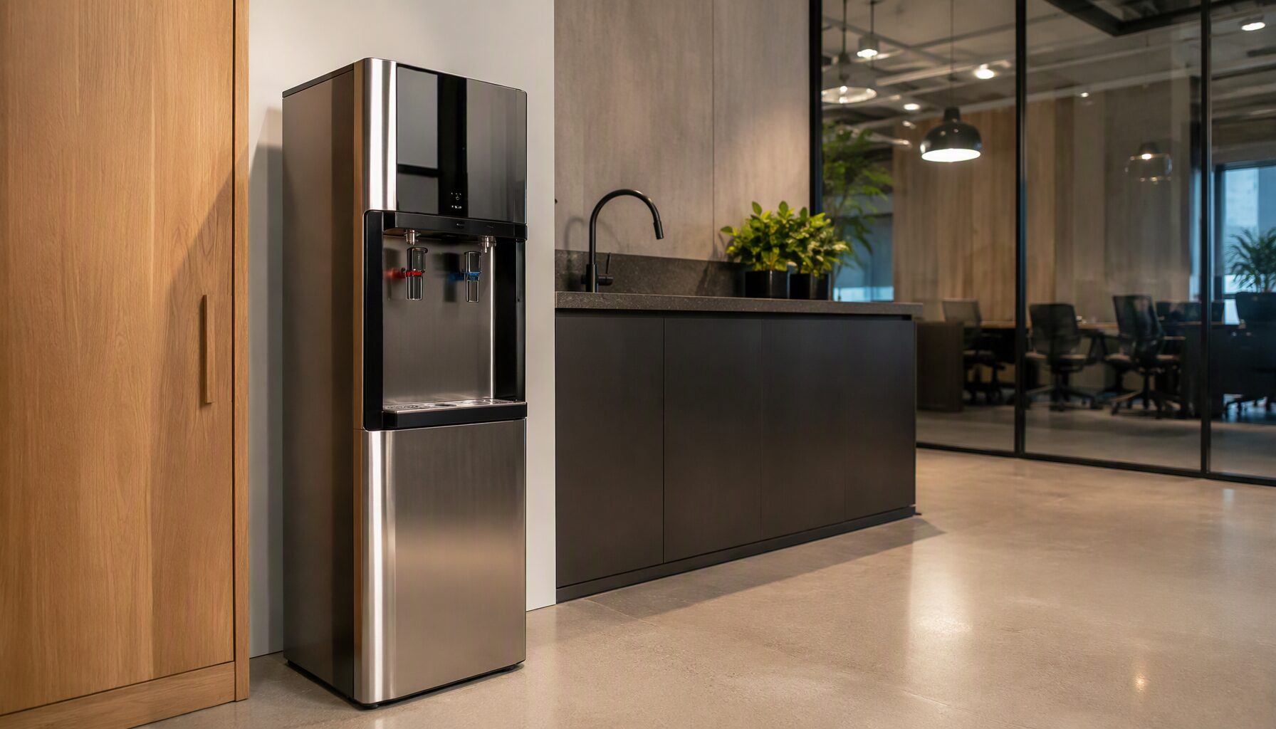 plumbed hot and cold water dispenser in modern office kitchen