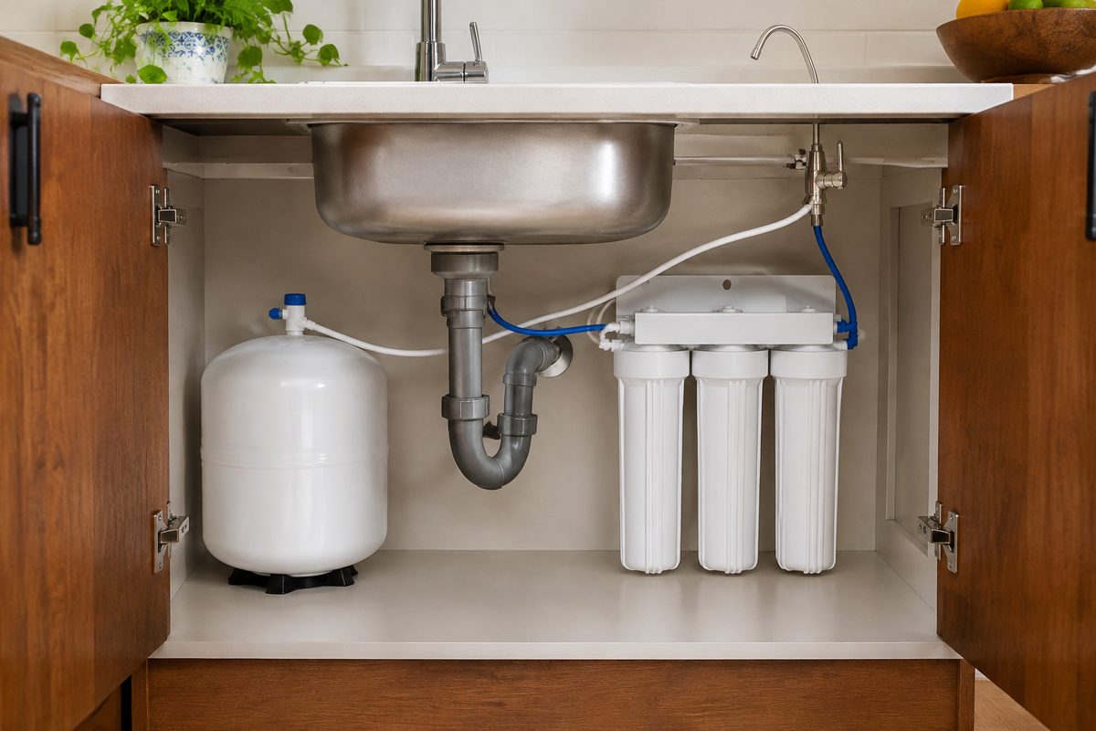 under-sink water filter installed in a kitchen cabinet
