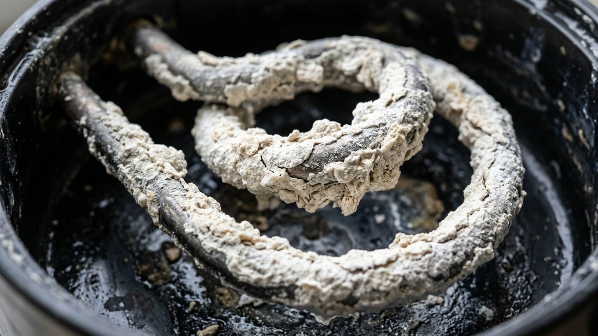 limescale buildup on a kettle heating element
