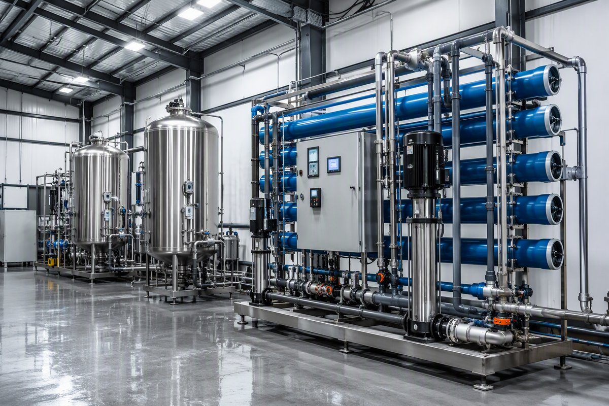 Modern industrial RO reverse osmosis water filtration system in a factory settin