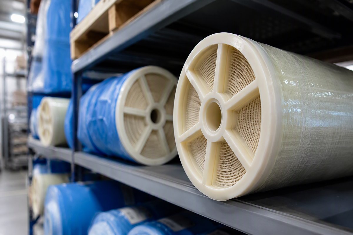 Close-up of industrial RO membrane elements stacked on warehouse shelving, blue