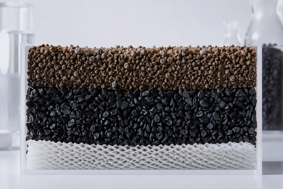Technical illustration style photograph showing layered filtration media cross-s