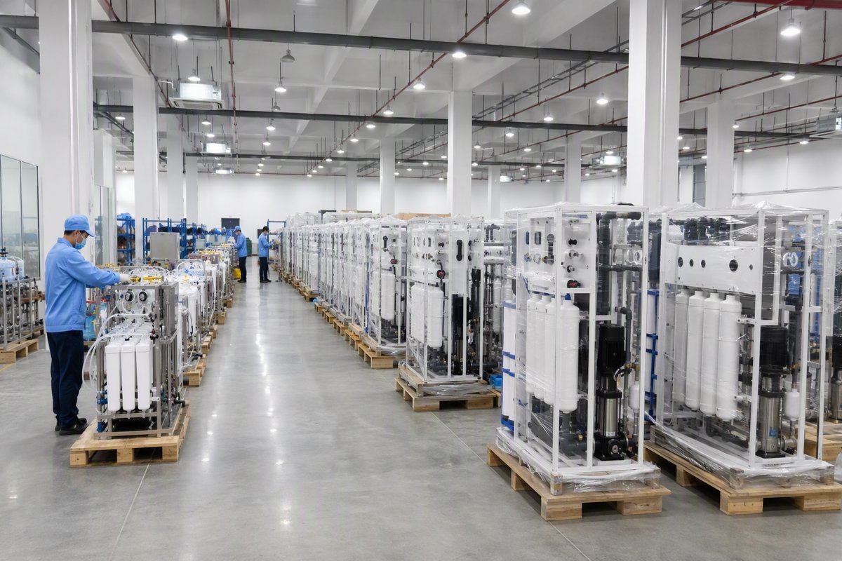 Wide-angle shot of a modern water filtration equipment factory floor in Dongguan
