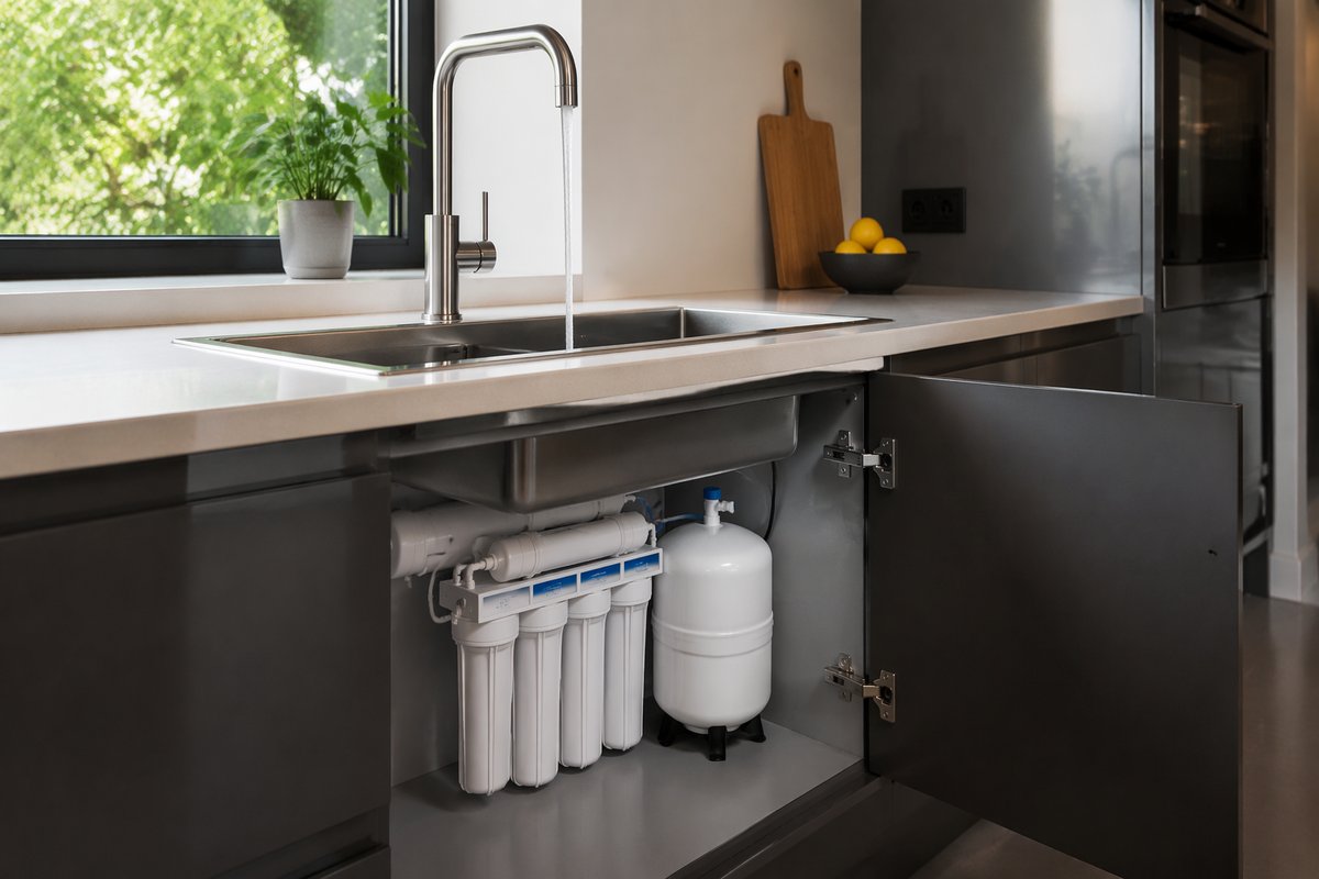 Moderne Nederlandse keuken met onderbouw RO-waterfilter en stromend kraanwater