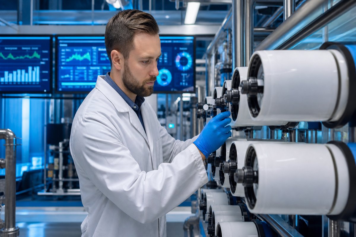 Technicus inspecteert RO-membranen in waterzuiveringsinstallatie met digitale displays