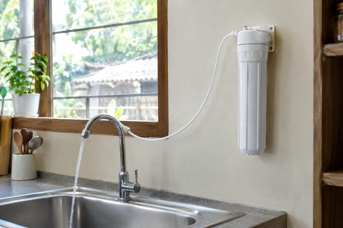 ultrafiltration water purifier installed in a rural home kitchen