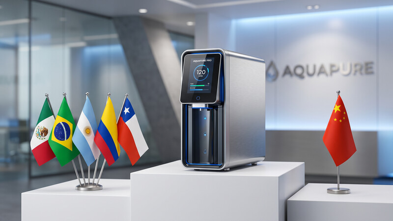Sistema de ósmosis inversa moderna con banderas de Latinoamérica y China - Normativas PFAS 2026