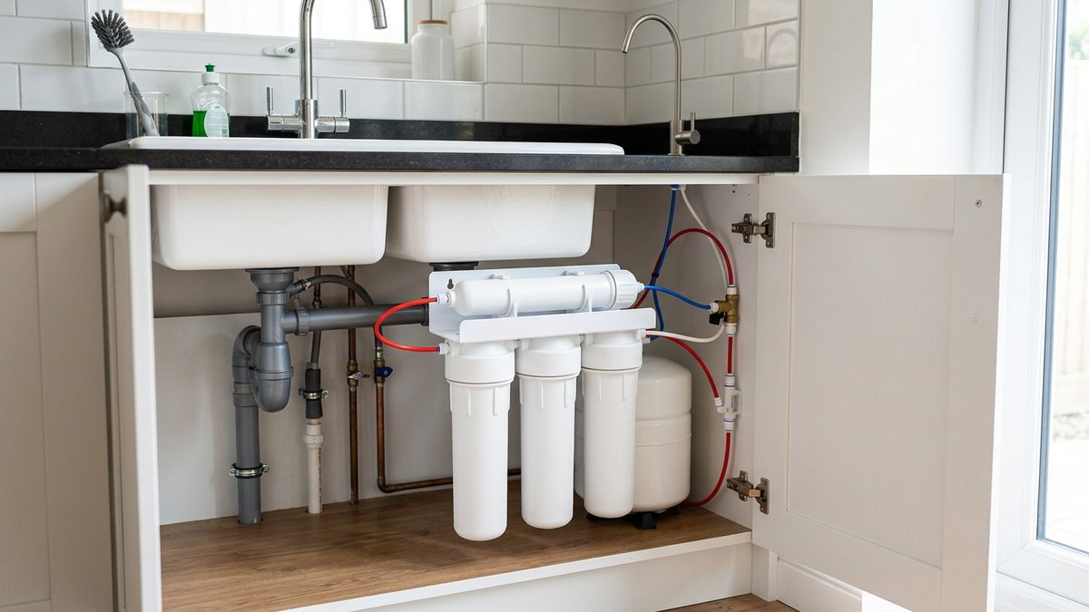 Omvänd osmos-system installerat under diskbänken