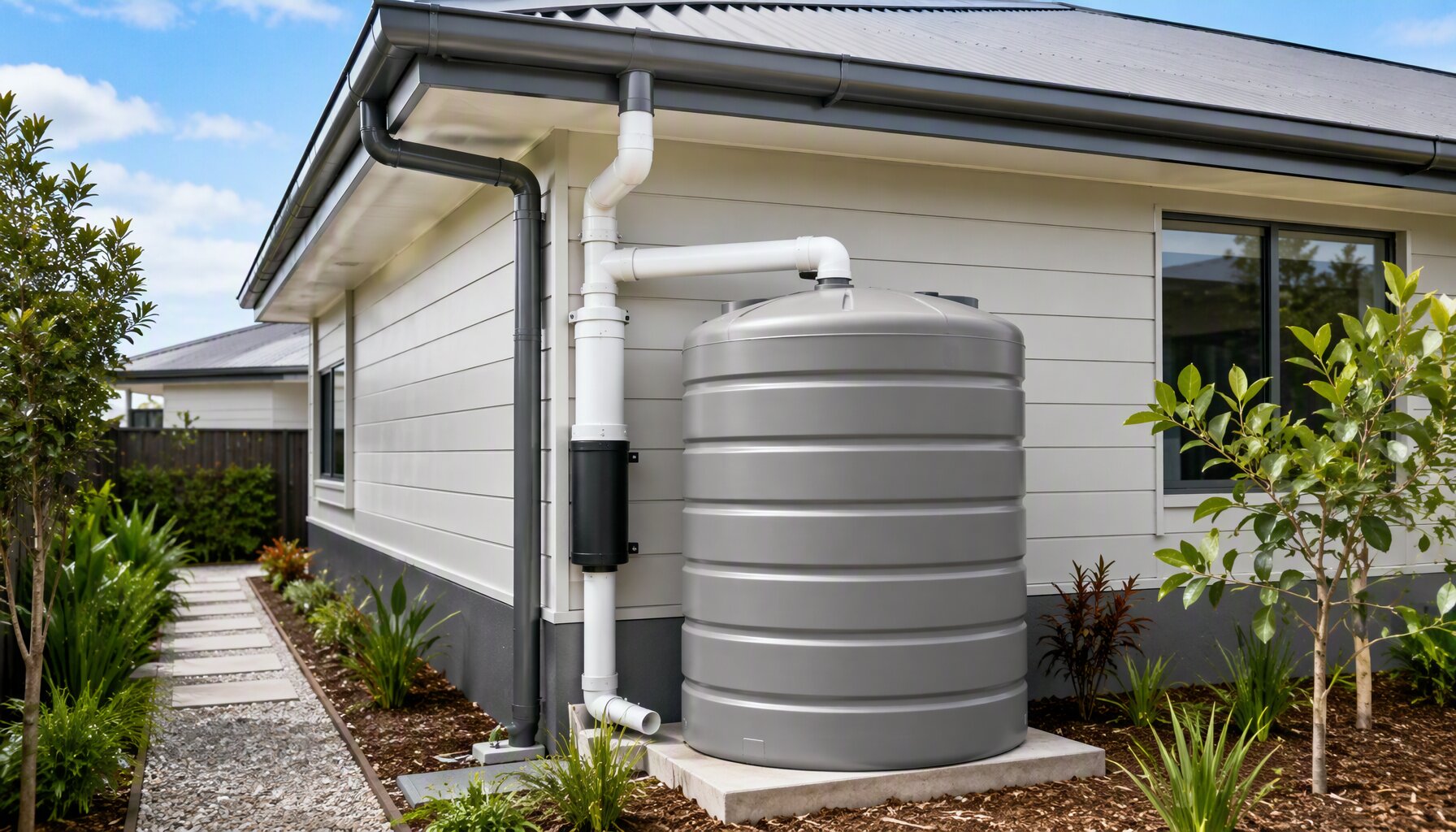 Residential rainwater harvesting system with roof collection and storage tank